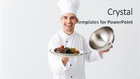  Presentation with cook chef - PPT layouts having wearing uniform opening cloche cover background and a white colored foreground