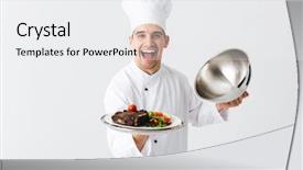  Presentation with cook chef - Presentation theme having wearing uniform opening cloche cover background and a white colored foreground