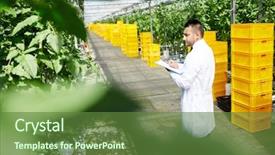  Presentation with scientist - Cool new presentation with wearing white coat walking along backdrop and a tawny brown colored foreground
