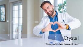  Presentation with hands heart - Amazing slide deck having wearing white robe and safety backdrop and a light blue colored foreground