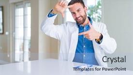  Presentation with scientist - Slide set featuring wearing white robe and safety background and a light blue colored foreground