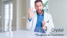  Presentation with personal protective equipment safety glasses - Cool new theme with wearing white robe and safety backdrop and a light blue colored foreground