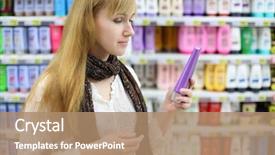  Presentation with shampoo - PPT layouts enhanced with cosmetic labels - blonde girl wearing white shirt background and a coral colored foreground