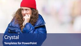  Presentation with curly hair - Amazing slide deck having wearing winter coat wool cap backdrop and a ocean colored foreground