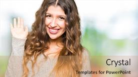  Presentation with arabian woman wearing hijab muslim - Beautiful slide set featuring wearing winter dress waiving saying backdrop and a  colored foreground