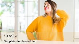  Presentation with hand wrist pain - Slide deck with wearing winter sweater at home background and a yellow colored foreground