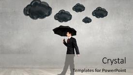  Presentation with under umbrella - Presentation theme consisting of businessman standing with umbrella under cloud concept background and a light gray colored foreground