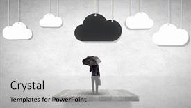  Presentation with under umbrella - Amazing slide deck having businessman standing with umbrella under cloud concept backdrop and a light gray colored foreground