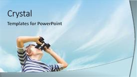  Presentation with wooden cross against the sky - Slide deck with weather instruments - boy looking through binoculars background and a light blue colored foreground