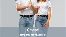  Presentation with umbrella protection - Beautiful presentation design featuring weather relationships and protection concept - portrait of happy couple in white t-shirts with umbrella over grey background backdrop and a gray colored foreground