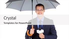  Presentation with journalist - PPT theme having handsome news journalist holding umbrella background and a white colored foreground