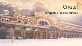  Presentation with electric train goes by rail - Colorful presentation theme enhanced with weather stations - canfranc train station in huesca backdrop and a lemonade colored foreground
