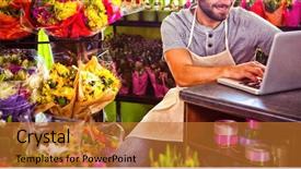  Presentation with young man holdng laptop on lap money - Audience pleasing PPT theme consisting of web 20 - male florist using laptop while backdrop and a red colored foreground