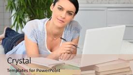  Presentation with web - Slides enhanced with web 20 - portrait of a woman working background and a coral colored foreground