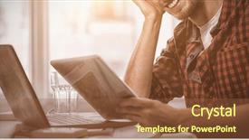  Presentation with using digital tablet - Colorful PPT theme enhanced with web 20 - portrait of happy graphic designer backdrop and a tawny brown colored foreground