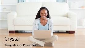  Presentation with social isolation - Slide set enhanced with web 20 - smiling woman sitting on floor background and a  colored foreground