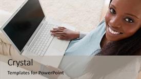  Presentation with social isolation - Audience pleasing PPT theme consisting of web 20 - smiling young woman with laptop backdrop and a  colored foreground