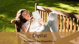  Presentation with using digital tablet - Slide deck with web 20 - woman lying on bench background and a gold colored foreground