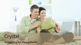  Presentation with home - Presentation theme enhanced with web 20 - young couple sitting on sofa background and a coral colored foreground