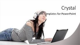  Presentation with laptop - Amazing slides having web 20 - young woman working backdrop and a  colored foreground