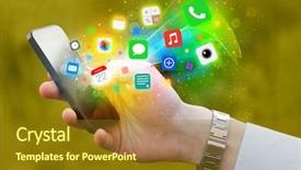  Presentation with smartphone app - PPT theme enhanced with 3d 3d design download - hand holding smartphone with colorful background and a tawny brown colored foreground