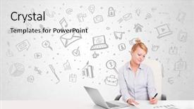  Presentation with media - Slides enhanced with web background - business woman sitting at table background and a  colored foreground