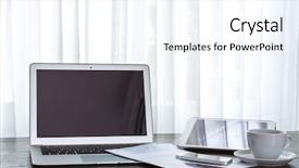  Presentation with cup coffee - Beautiful slide deck featuring web background - laptop tablet smartphone and coffee backdrop and a  colored foreground