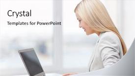  Presentation with dark tealout picture - Presentation design with web chat - picture of smiling businesswoman using background and a white colored foreground