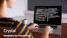  Presentation with laptop - Amazing slides having web chat - young woman using his laptop backdrop and a tawny brown colored foreground