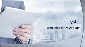  Presentation with computer - Beautiful PPT theme featuring web collage - businessman with tablet computer backdrop and a sky blue colored foreground