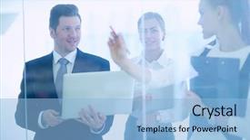  Presentation with business laptop globe satellite - Audience pleasing PPT theme consisting of web conference - group of business people doing backdrop and a light blue colored foreground