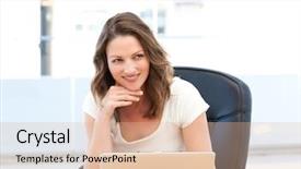  Presentation with teachers working around a table - Cool new presentation with web conference - happy businesswoman working on laptop backdrop and a lemonade colored foreground