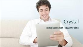  Presentation with wireless internet - Amazing slide deck having web conference - happy smiling young adult man backdrop and a  colored foreground