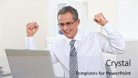  Presentation with web - Colorful theme enhanced with web conference - successful businessman with arms up backdrop and a  colored foreground