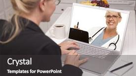  Presentation with kitchen - Presentation theme having web conference - woman in kitchen using laptop background and a dark gray colored foreground