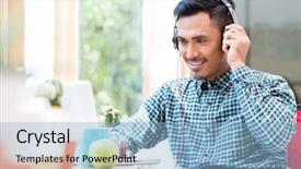  Presentation with headphones asia - Colorful PPT theme enhanced with web conference - young asian man wearing headphones backdrop and a light blue colored foreground