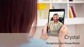  Presentation with video conference - Slides featuring web conference - young couple talking online video background and a soft green colored foreground