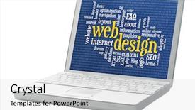  Presentation with web development - Slide set consisting of web design and development word cloud with binary background on an isolated laptop background and a white colored foreground