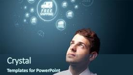  Presentation with promotion - PPT layouts having web design free - businessman pressing promotion and shipping background and a ocean colored foreground