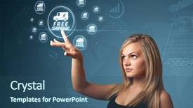  Presentation with promotion - Colorful slide deck enhanced with web design free - businesswoman pressing promotion and shipping backdrop and a ocean colored foreground