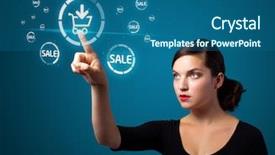  Presentation with web design - Cool new slide set with web design free - businesswoman pressing promotion and shipping backdrop and a ocean colored foreground