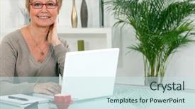  Presentation with home design - Cool new slides with web design free - woman working on her laptop backdrop and a sky blue colored foreground