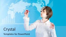  Presentation with touch screen - Colorful theme enhanced with web design tokyo - beautiful business woman pushing touch backdrop and a light blue colored foreground