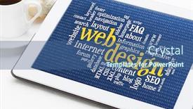  Presentation with web design - PPT theme with web design word cloud with binary background on a digital tablet with a cup of coffee background and a ocean colored foreground
