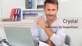  Presentation with employee - Presentation theme enhanced with web designer - closeup of employee background and a  colored foreground