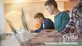  Presentation with students working in groups - PPT theme with web designer - group of students in class background and a coral colored foreground