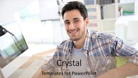  Presentation with course - Colorful presentation theme enhanced with web designer - smiling young adult in training backdrop and a coral colored foreground