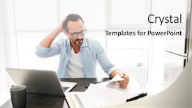  Presentation with home documents - Audience pleasing presentation design consisting of web newspaper - confused mature man working backdrop and a  colored foreground