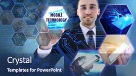  Presentation with virtual technology - Beautiful PPT theme featuring web portal - young man pushing modern technology backdrop and a ocean colored foreground