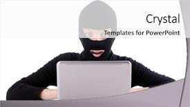  Presentation with computer hacker - Slide deck featuring web security - hacker with computer wearing balaclava background and a white colored foreground